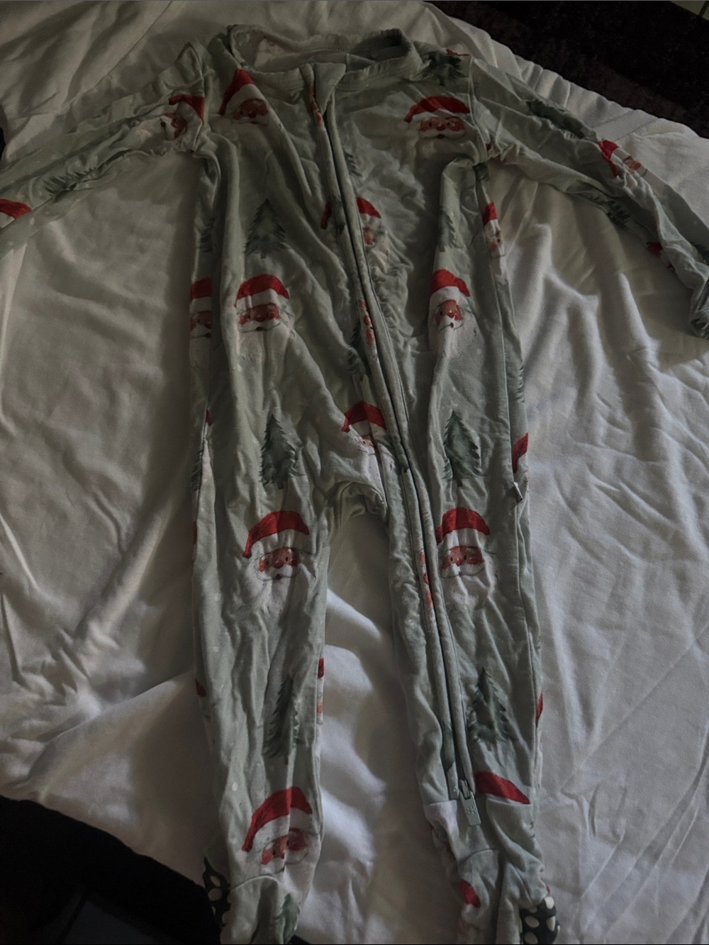 Kids Light Green Santa Print Footed One-Piece Pajama